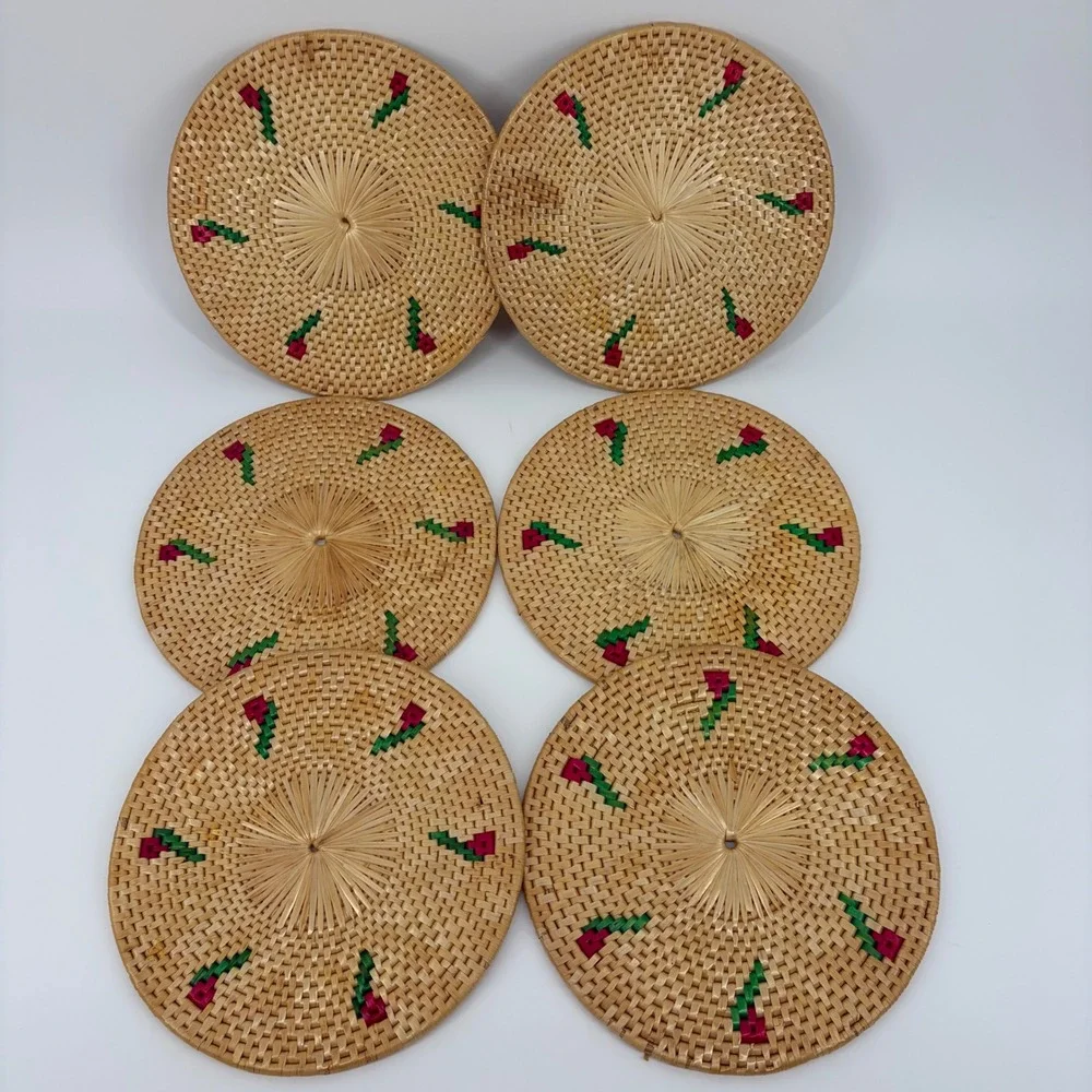 Set of 6 Woven‎ Wicker Placemats Red Floral Rose Embroidered Round 11
